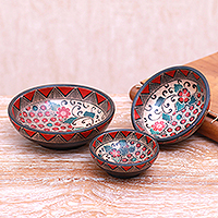 Batik wood centerpieces, 'Cherry Decor' (set of 3)