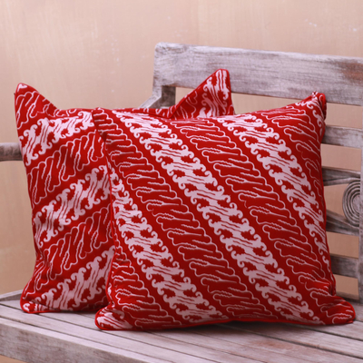 Batik cotton cushion covers, 'Crimson Parang' (pair) - Parang Motif Batik Cotton Cushion Covers from Java (Pair)