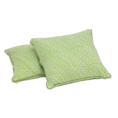 Batik cotton cushion covers, 'Lime Parang' (pair) - Parang Motif Batik Cotton Cushion Covers in Lime (Pair)