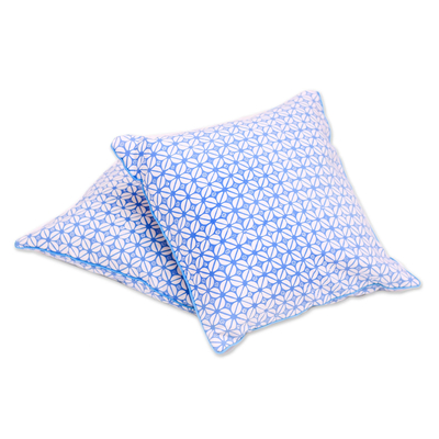 Batik cotton cushion covers, 'Cerulean Kawung' (pair) - Kawung Motif Batik Cotton Cushion Covers from Java (Pair)