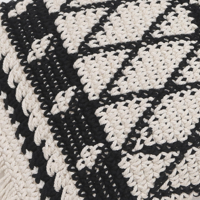 Cotton cushion cover, 'Geometric Shadow' - Geometric Ebony and Eggshell Cotton Cushion Cover