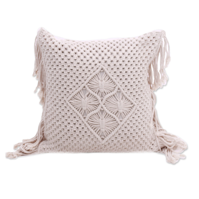 Cotton cushion cover, 'centre of Attention' - Handcrafted Eggshell Cotton Cushion Cover from Bali
