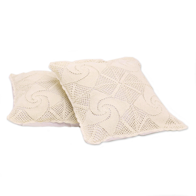 Cotton cushion covers, 'Spinning Windmills in Ecru' (pair) - Windmill Pattern Cotton Cushion Covers in Ecru (Pair)