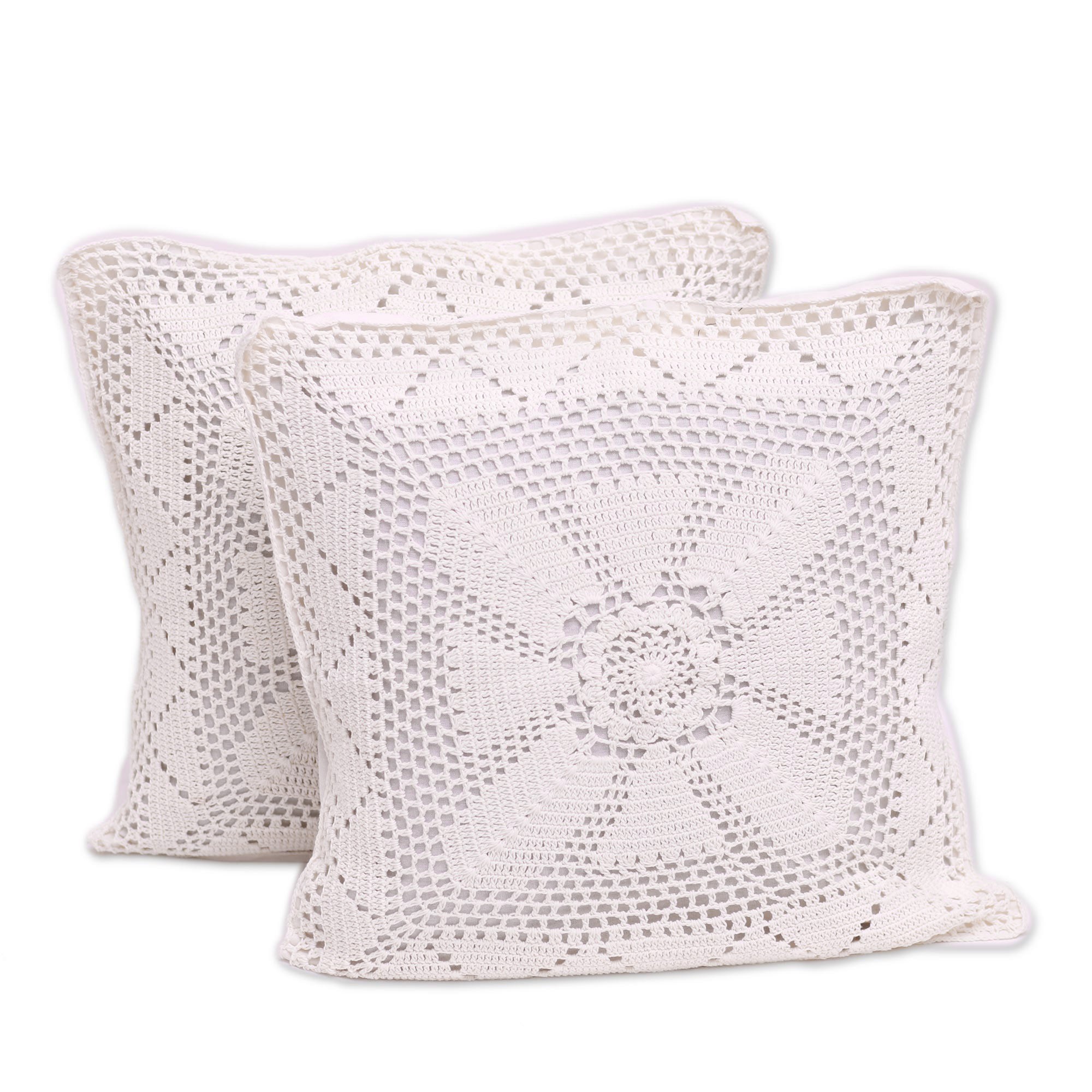 Patterned Cotton Cushion Covers in White from Bali (Pair) Blooming