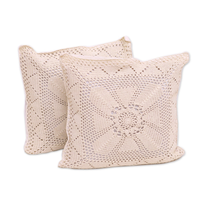 Cotton cushion covers, 'Blooming Square in Ecru' (pair) - Patterned Cotton Cushion Covers in Ecru from Bali (Pair)