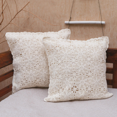 Cotton cushion covers, 'Lovely Fireworks in White' (pair) - Circle Pattern Cotton Cushion Covers in White (Pair)