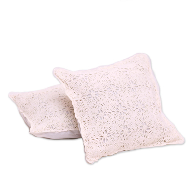 Cotton cushion covers, 'Lovely Fireworks in White' (pair) - Circle Pattern Cotton Cushion Covers in White (Pair)