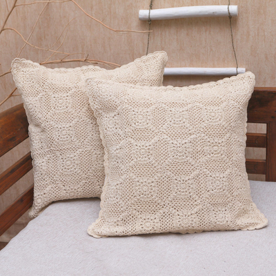Cotton cushion covers, 'Lovely Burst in Ecru' (pair) - Circle Pattern Cotton Cushion Covers in Ecru (Pair)