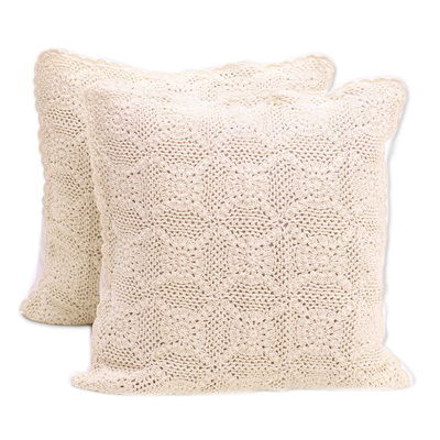 Cotton cushion covers, 'Lovely Burst in Ecru' (pair) - Circle Pattern Cotton Cushion Covers in Ecru (Pair)