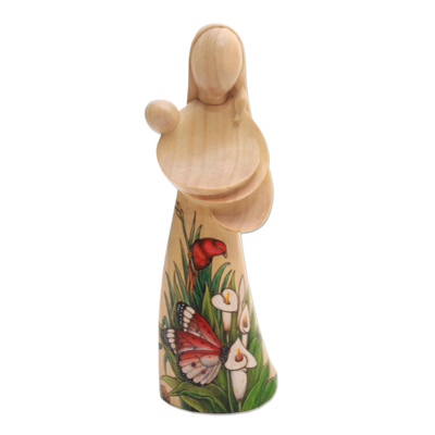 Wood statuette, 'Mother and Child' - Hand-Painted Wood Mother and Child Statuette from Bali