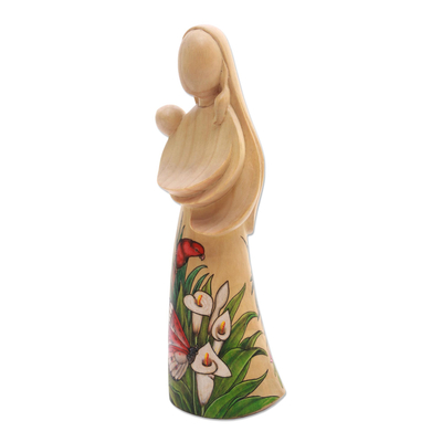 Wood statuette, 'Mother and Child' - Hand-Painted Wood Mother and Child Statuette from Bali