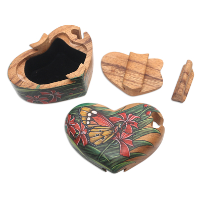 Wood puzzle box, 'Butterfly Love' - Hand-Painted Heart-Shaped Wood Butterfly Puzzle Box