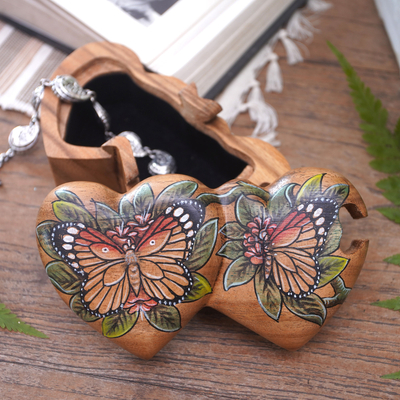 Wood puzzle box, 'Twin Butterfly Hearts' - Hand-Painted Double Heart Wood Butterfly Puzzle Box