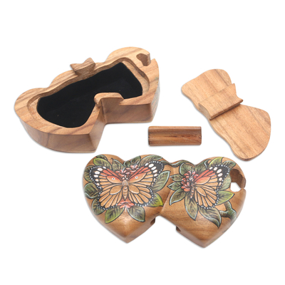 Wood puzzle box, 'Twin Butterfly Hearts' - Hand-Painted Double Heart Wood Butterfly Puzzle Box