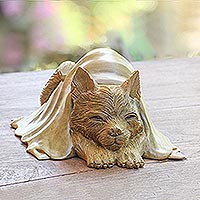 Hibiscus wood sculpture, 'Chilly Cat' - Hibiscus Wood Sculpture of a Cat in a Blanket from Bali