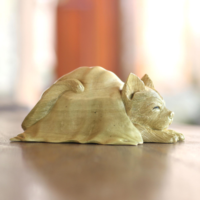 Hibiscus wood sculpture, 'Chilly Cat' - Hibiscus Wood Sculpture of a Cat in a Blanket from Bali