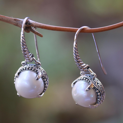 Cultured pearl dangle earrings, 'Glowing Eyes' - Round Cultured Pearl Dangle Earrings from Bali
