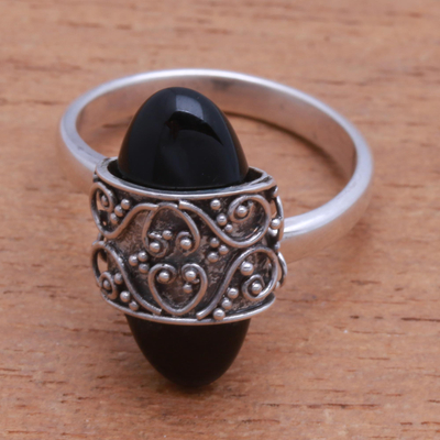Onyx cocktail ring, 'Beautiful Embrace' - Combination-Finish Black Onyx Cocktail Ring from Bali
