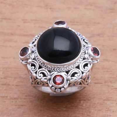 Onyx and garnet cocktail ring, 'Regal Blessing' - Onyx and Garnet Cocktail Ring Crafted in Bali