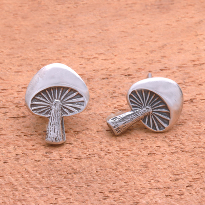 Sterling silver stud earrings, 'Gleaming Mushrooms' - Mushroom-Shaped Sterling Silver Stud Earrings from Bali