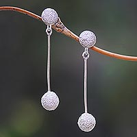Sparkling Round Sterling Silver Dangle Earrings from Bali,'Sparkling Baubles'