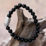 Rhodium plated onyx beaded stretch bracelet, 'Fierce Snake' - Rhodium Plated Snake-Themed Onyx Beaded Stretch Bracelet