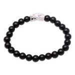 Rhodium plated onyx beaded stretch bracelet, 'Fierce Snake' - Rhodium Plated Snake-Themed Onyx Beaded Stretch Bracelet