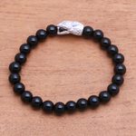 Rhodium plated onyx beaded stretch bracelet, 'Fierce Snake' - Rhodium Plated Snake-Themed Onyx Beaded Stretch Bracelet