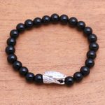 Rhodium plated onyx beaded stretch bracelet, 'Fierce Snake' - Rhodium Plated Snake-Themed Onyx Beaded Stretch Bracelet