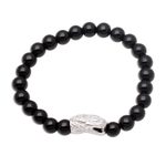 Rhodium plated onyx beaded stretch bracelet, 'Fierce Snake' - Rhodium Plated Snake-Themed Onyx Beaded Stretch Bracelet