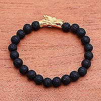 Gold accented lava stone beaded stretch bracelet, 'Wise Dragon'