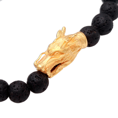 Brazalete elástico con cuentas de piedra de lava con detalles dorados - Brazalete elástico con cuentas de piedra de lava de dragón con detalles dorados