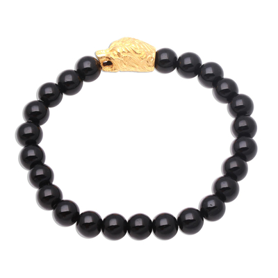 Gold Accented Bear-Themed Onyx Beaded Stretch Bracelet