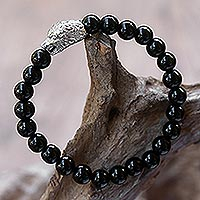 Rhodium plated onyx beaded stretch bracelet, 'Bear's Strength' - Rhodium Plated Bear-Themed Onyx Beaded Stretch Bracelet
