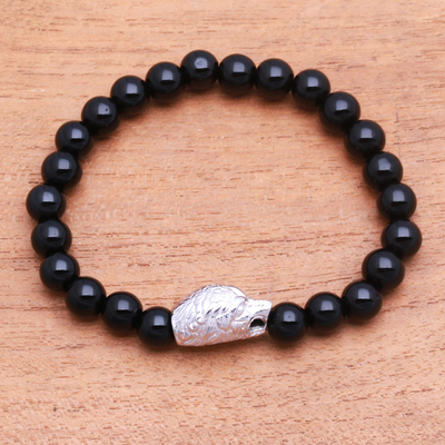 Rhodium plated onyx beaded stretch bracelet, 'Bear's Strength' - Rhodium Plated Bear-Themed Onyx Beaded Stretch Bracelet