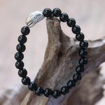 Rhodium plated onyx beaded stretch bracelet, 'Alert Eagle' - Rhodium Plated Eagle-Themed Onyx Beaded Stretch Bracelet