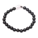 Rhodium plated onyx beaded stretch bracelet, 'Alert Eagle' - Rhodium Plated Eagle-Themed Onyx Beaded Stretch Bracelet