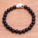 Rhodium plated onyx beaded stretch bracelet, 'Alert Eagle' - Rhodium Plated Eagle-Themed Onyx Beaded Stretch Bracelet