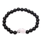 Rhodium plated onyx beaded stretch bracelet, 'Alert Eagle' - Rhodium Plated Eagle-Themed Onyx Beaded Stretch Bracelet