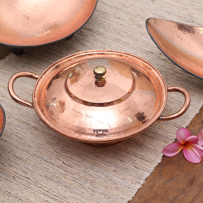 Copper serving bowl, 'Warm Glow' - Copper Serving Bowl with a Lid from Java