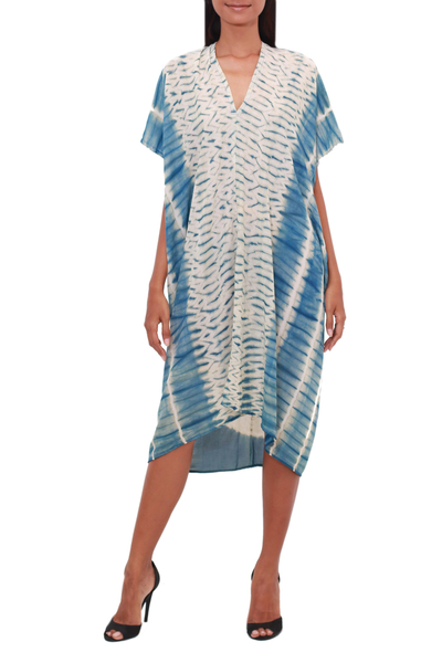Tie-dyed rayon caftan, 'Segara Telu' - Ocean Ripple Tie-Dyed Cotton Caftan from Java