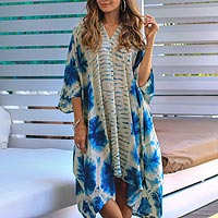 Tie-dyed rayon caftan, 'Angin Segara' - Oceanic Tie-Dyed Rayon Caftan Crafted in Java