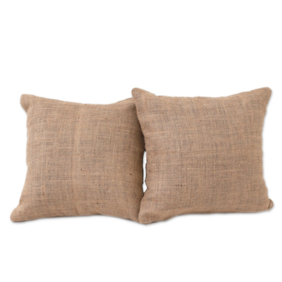Jute cushion covers, 'Traditional Comfort in Ochre' (pair) - Handwoven Jute Cushion Covers in Solid Ochre (Pair)