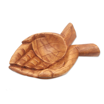 Wood catchall, 'Giving Alms' - Suar Wood Hand Catchall Crafted in Indonesia