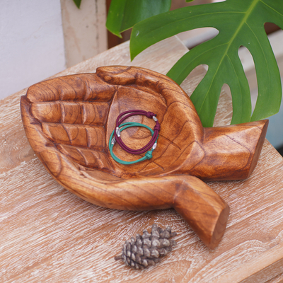 Wood catchall, 'Giving Alms' - Suar Wood Hand Catchall Crafted in Indonesia