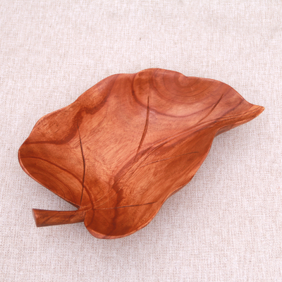 Wood catchall, 'Floating Leaf' - Suar Wood Leaf Catchall Crafted in Indonesia