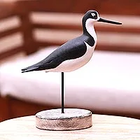 Wood sculpture, 'Black-Necked Stilt'