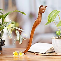 Wood back scratcher, 'Helpful Cat' - Cat-Themed Natural Wood Back Scratcher from Bali