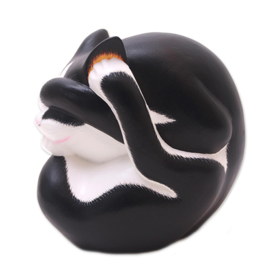 Black and White Wood Yoga Cat Sculpture from Bali
