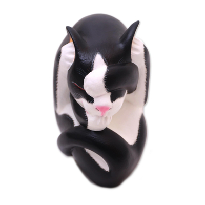 Wood sculpture, 'Black and White Yogi Cat' - Black and White Wood Yoga Cat Sculpture from Bali